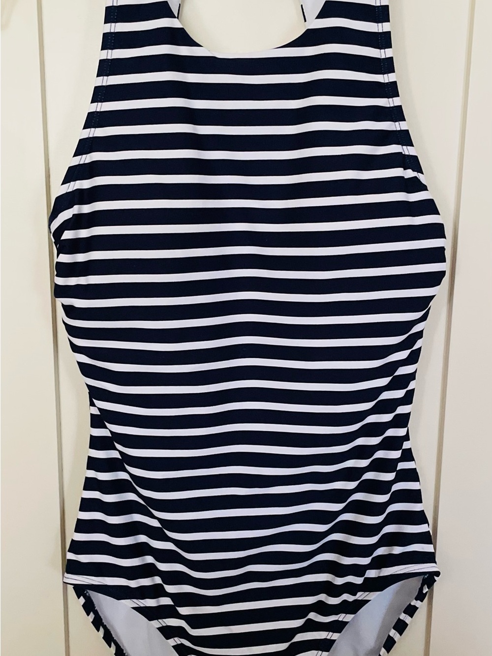Lands End High Neck Navy + White Striped Omega Piece Swimsuit Sz S NWOT